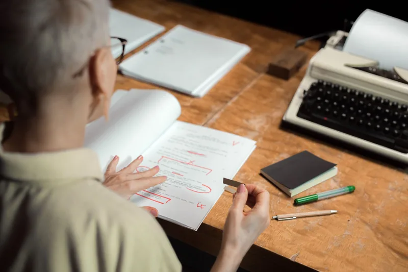 Person editing and reviewing written content at a desk with a notebook