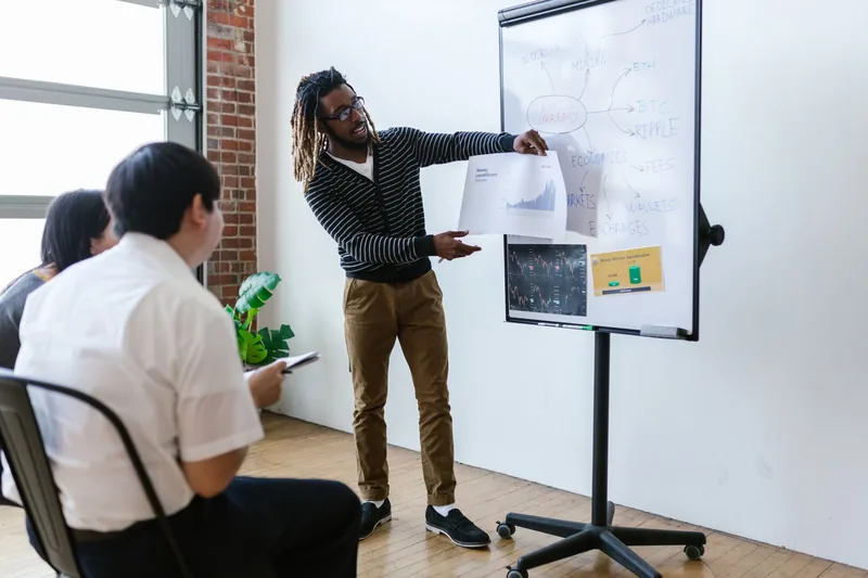 Marketing team planning an SEO strategy around a whiteboard