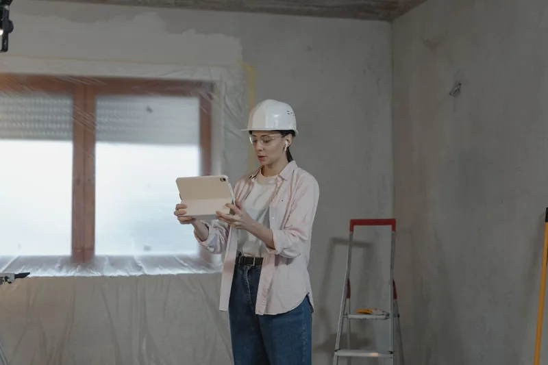 Contractor in a hard hat reviewing an estimate on a tablet inside a room under renovation