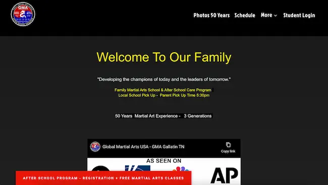 Global Martial Arts USA's outdated website before its redesign by DGTL Depot