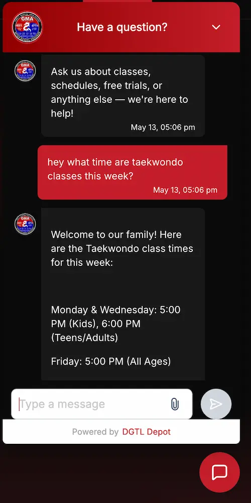 AI chat widget — parent asks about classes