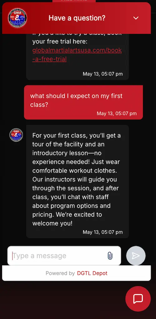 AI chat widget — pricing and schedule answers
