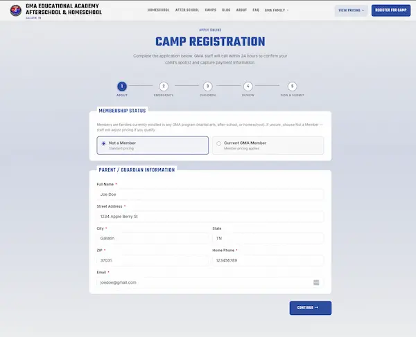 Registration step 1: membership & parent info