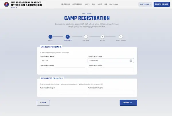 Registration step 2: emergency contacts