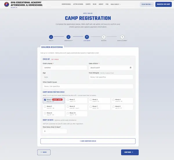 Registration step 3: children and camp weeks