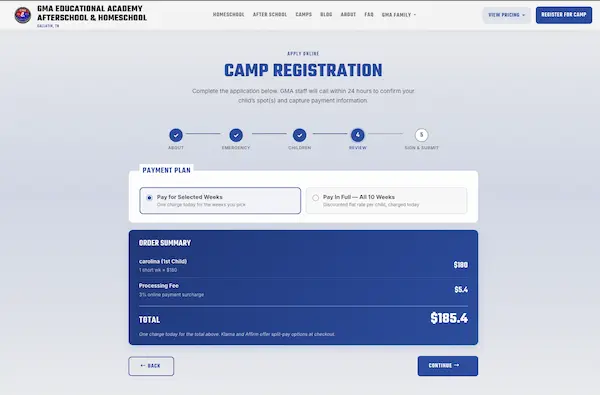 Registration step 4: payment plan & order summary