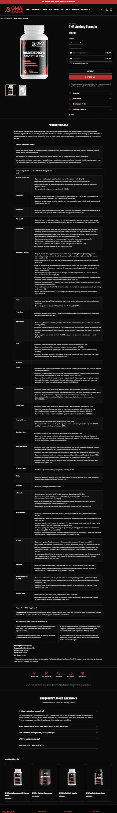 Warrior Anxiety Formula product page