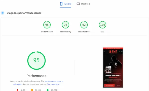 Mobile PageSpeed report showing 95 performance, 96 accessibility, 92 best practices and 100 SEO after the rebuild