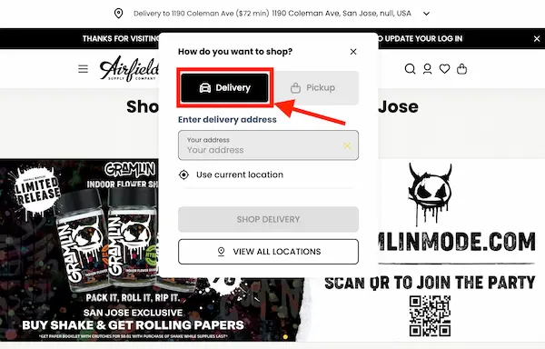 Delivery or pickup modal