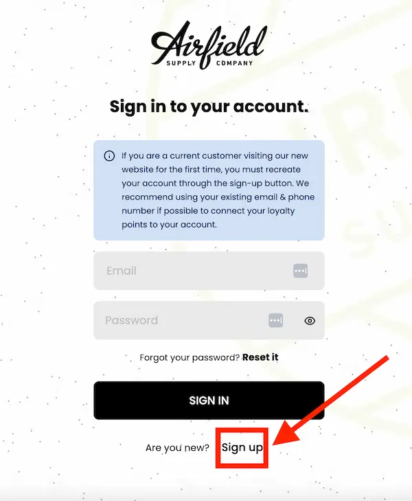 Airfield sign in / sign up