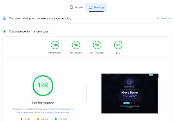 Desktop speed test result